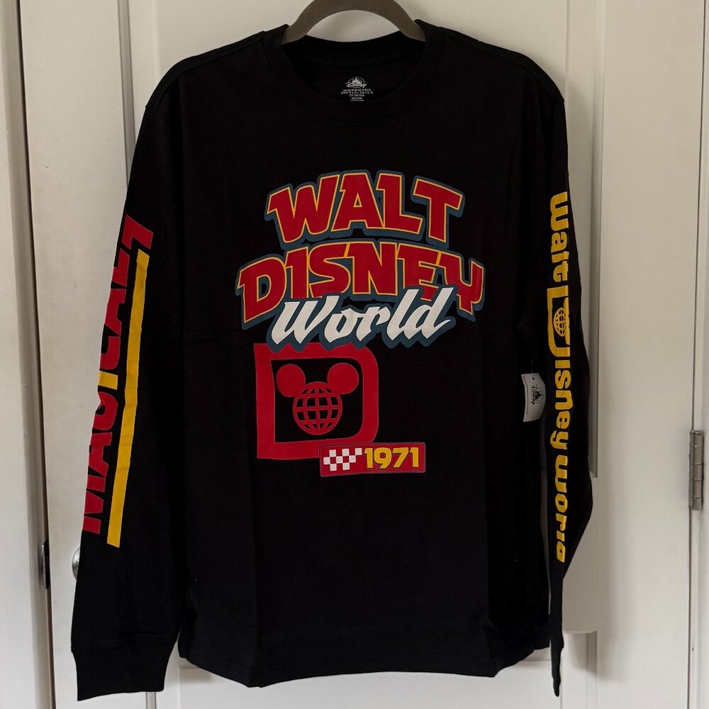 NWT Disney Parks Walt Disney World 1971 Long Sleeve Racing T-Shirt Adult MED